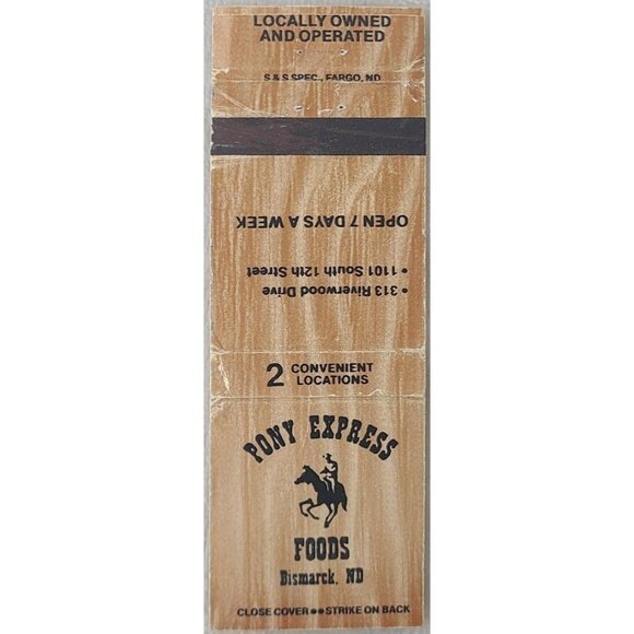 VTG Matchbook Cover Pony Express Foods Bismarck ND North Dakota Brown Woodgrain - Picture 1 of 4